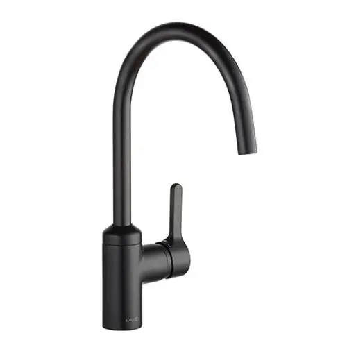 Schwarzer Küchenarmatur von Kludi mit hohem, gebogenem Auslauf und seitlichem Hebel zur Steuerung des Wasserflusses.